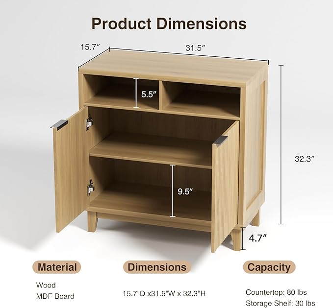 Buffet Cabinet with Storage - Elegant Fluted Storage Cabinet with Adjustable Shelves and Solid Wood Leg, Modern Buffet Sideboard for Living Room, Dining Room, Entryway-NeatNest