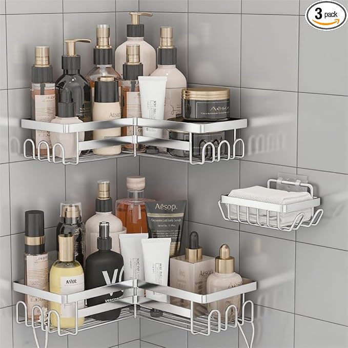 Adhesive Shower Caddy Shelf Organizer Rack,Rustproof Stainless Steel Bathroom Organizer with Large Capacity, No Drilling Corner Shower Shelves for Bathroom Storage & Home Decor