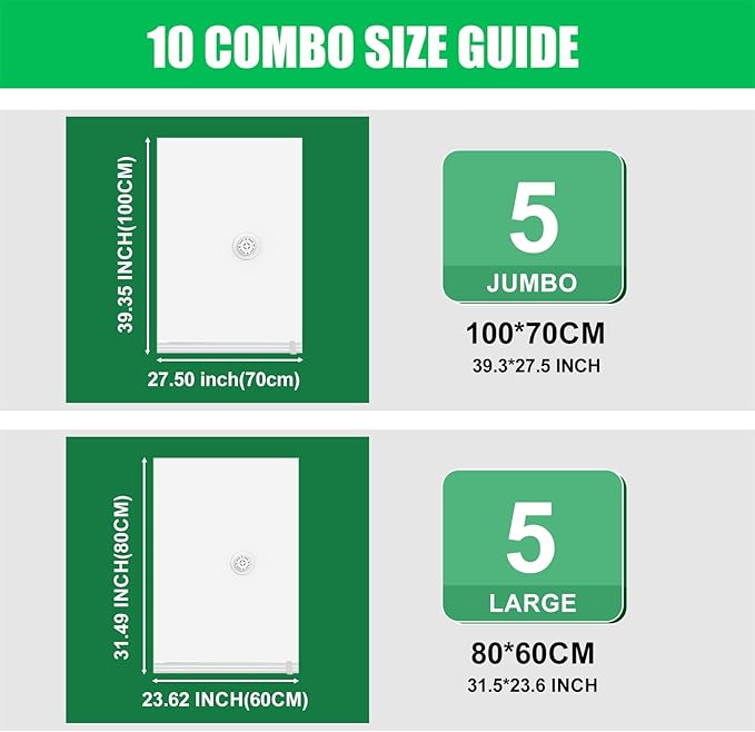 10 Pack Vacuum Storage Bags (5 Jumbo/5 Large) with Electric Pump, Reusable Compression Space Saver Bags for Autumn And Winter clothing, Mattress, Bedding, Quilts and Pillows, Comforters, Travel, White-NeatNest