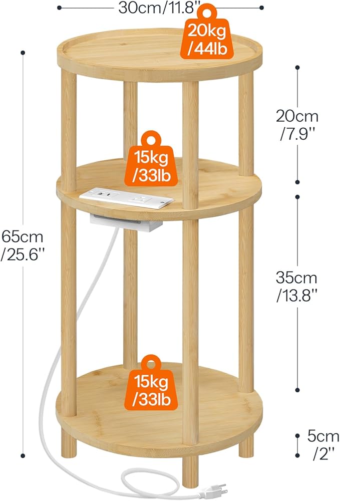 HOOBRO Set of 2 Small Round Side Tables with Charging Station, 3-Tier Round Bamboo End Tables, Easy Assembly, for Living Room, Bedroom, Apartment, Natural YL152UBZP201