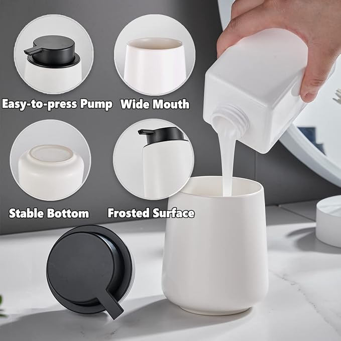 12Oz White Soap Dispenser Set - Ceramic Lotion Hand Soap Dispenser Set with Easy-to-Press Black Pump, Refillable Mordern Liquid Dish Soap Dispensers for Bathroom & Kitchen, 2 Pack-NeatNest