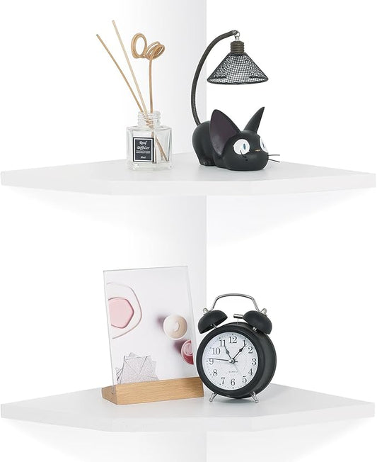 Corner Wall Shelves Set of 2, Rustic Wood Corner Floating Shelves with Cable Raceway, Wall Mount Storage Display for TV Accessories, Baby Monitor, Speaker, Cable Box (White, Diamond- 12 Inch)-NeatNest