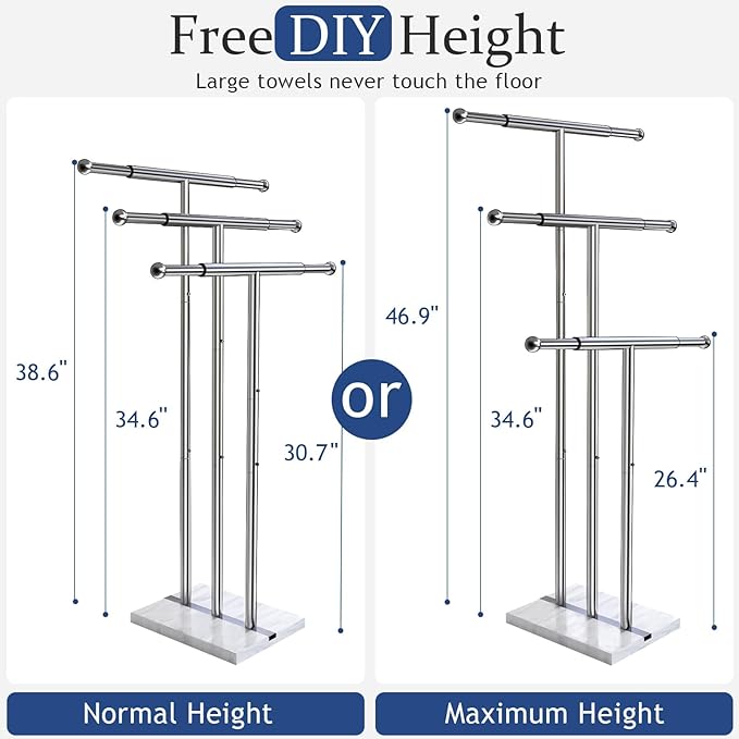 Kayfia 40" Standing Towel Rack with Weighted Marble Base, Width Adjustable & Taller Bathroom Towel Rack Stand, 3-Tier Towel Racks for Bathroom, Multiple Spaces Stainless Steel Brushed Finish