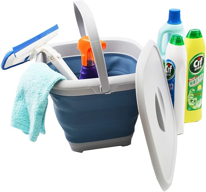 SAMMART 8.5L (2.2 Gallon) Collapsible Square Bucket with Handle and Lid. Size 31x31cm (Grey/Steel Blue, 1)-NeatNest