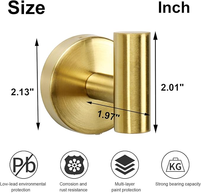 TocTen Towel Hook for Bathroom, 5 Pack Wall Mounted Robe Hook, SUS 304 Stainless Steel Coat Hook, Heavy Duty Door Hanger Towel Hook for Bathroom Kitchen Office and Cabinet(Brushed Gold, 5 Pack)