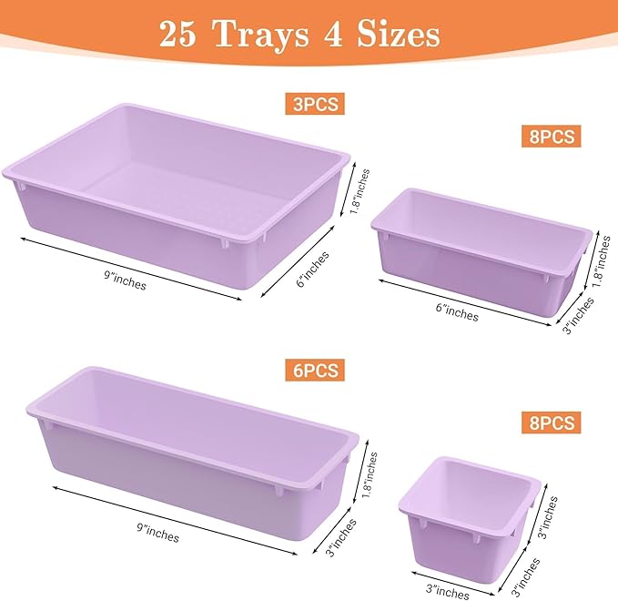 25 PCS Plastic Drawer Organizer Set, 4-Size Versatile Organizer Trays & storage Bins for Makeup, Jewelry, and Gadgets in Bathroom, Bedroom and Office, Purple-NeatNest