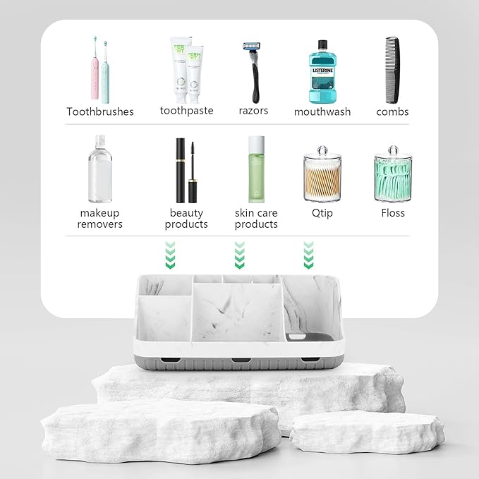 Bathroom Toothbrush Holder Set with 2 Pack Qtip Holder Dispenser - Detachable 7 Slots Bathroom Accessory Set, Kids Marble Bathroom Sink Counter Set, Bathroom Essentials Decor, Grey