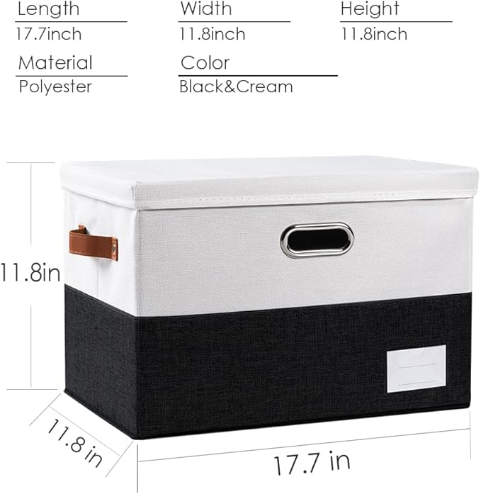 PRANDOM Foldable Storage Bins with Lids [3-Pack] Fabric Collapsible Storage Boxes Baskets Cubes Containers with Handles for Closet Living Room Bedroom (Black & White 17.7x11.8x11.8'')-NeatNest
