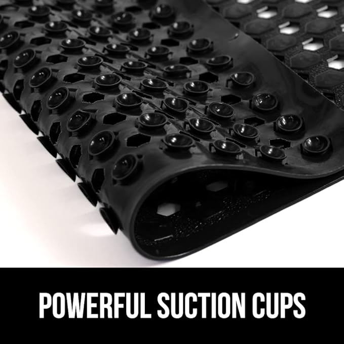 GORILLA GRIP Patented Bath Tub Shower Mat, Machine Washable Bathtub Floor Liner Mats, Suction Cups and Drain Holes to Keep Tubs Clean, Soft on Feet, Bathroom Essentials, 35x16 Inch, Black-NeatNest