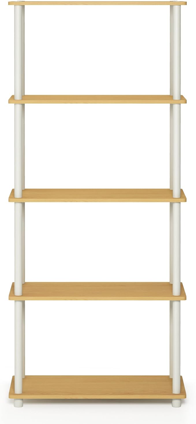 Furinno Turn-N-Tube 5-Tier Multipurpose Shelf / Display Rack / Storage Shelf / Bookshelf, Round Tubes, Beech/White-NeatNest