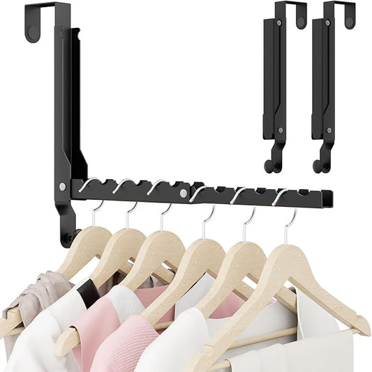 Over The Door Hangers, Over Door Hooks for Hanging, Small Space Dual Folding Portable Extra Long Over Door Clothes Hanger for Clothes, Hats, Bags and Towels (2Pack,Black(Update))