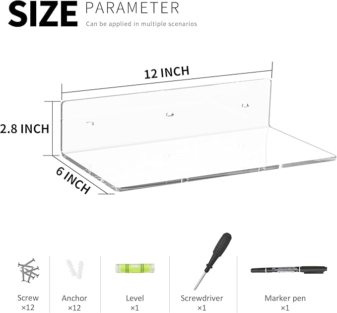 12 Inches Clear Wall Shelves, Moisture-Proof Acrylic Bathroom Organizer Shelves for Wall, Floating Shelves for Bathroom, Funko Pop Shelves, 4 Pack-NeatNest