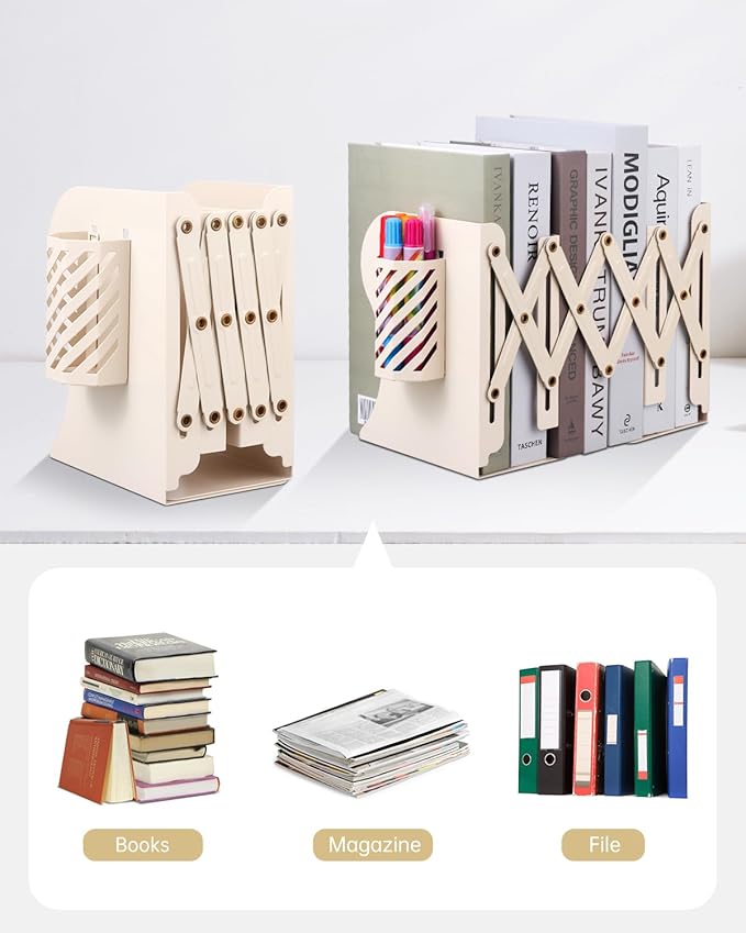 Honagu Adjustable Bookends, Metal Book Ends for Shelves Heavy Book, Desk Magazine File Organizer for Home, Office, Books, Papers, Extends up to 19 inches with Pen Holder (Beige)