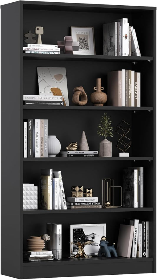 Farini 60 Inch Tall 5-Shelf Bookcase, Wood Bookshelf Storage Organizer Adjustable Shelf for Home Office, Study Room, Easy Assembly,Black