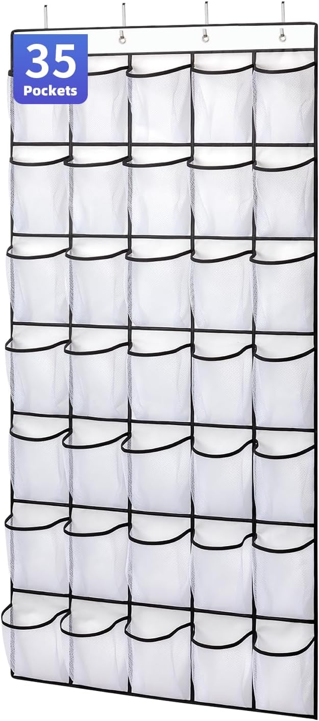 35 Pockets Over the Door Shoe Organizer, Hanging Shoe Organizer for Door with 35 Mesh Pockets Large Capacity Shoe Hanging Storage Bag with 4 Metal Hooks (White-1Pack)-NeatNest