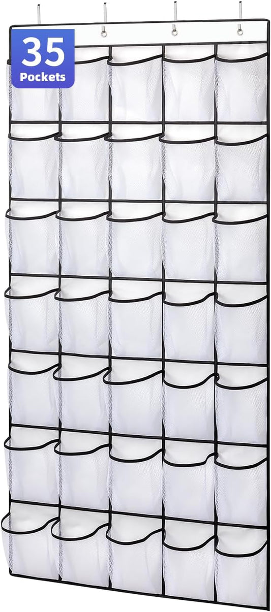 35 Pockets Over the Door Shoe Organizer, Hanging Shoe Organizer for Door with 35 Mesh Pockets Large Capacity Shoe Hanging Storage Bag with 4 Metal Hooks (White-1Pack)-NeatNest