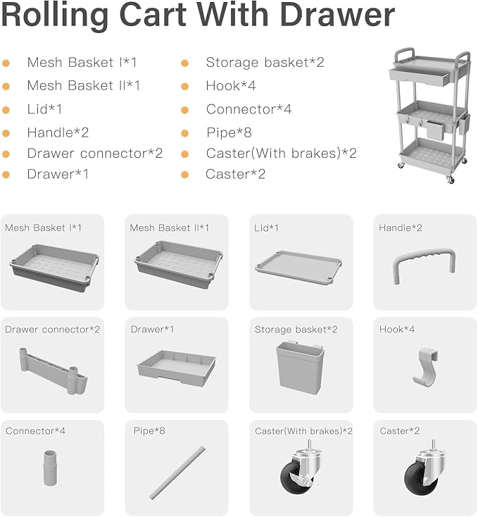 3 Tier Rolling Cart Organizer,Laundry Room Bathroom Organizers and Storage Office Shelves Mobile Shelving Unit Kitchen Trolley Cart with Wheels for Art,Craft,Diaper,Bedside,Snack(Grey)-NeatNest