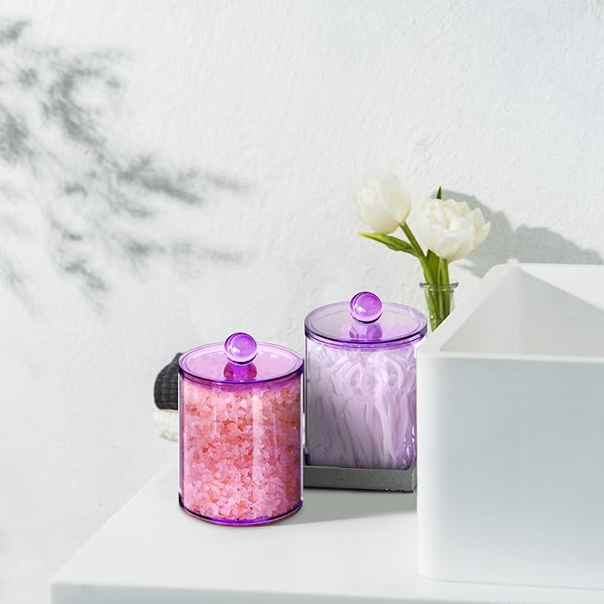 2 Pack Qtip Holder, Apothecary Jars Holder Dispenser, Bathroom Jars with Lids Set for for Cotton Swabs, Balls, Pads, Floss Picks,10oz-12oz Plastic Canisters(Purple)