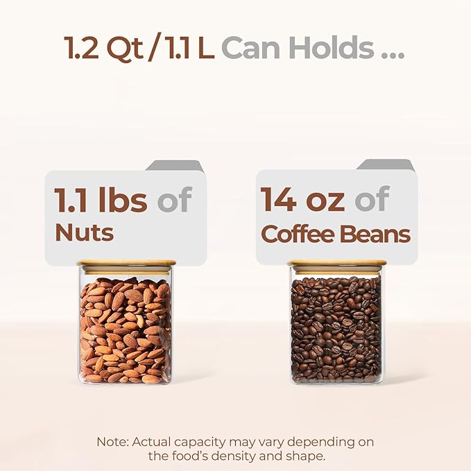 ComSaf 1.2 Qt Rectangle Glass Storage Containers with Lids, Glass Jars with Bamboo Lids, Clear Food Storage Jar, Sugar Coffee Containers, Pantry Container for Pasta Tea Candy Nut-NeatNest