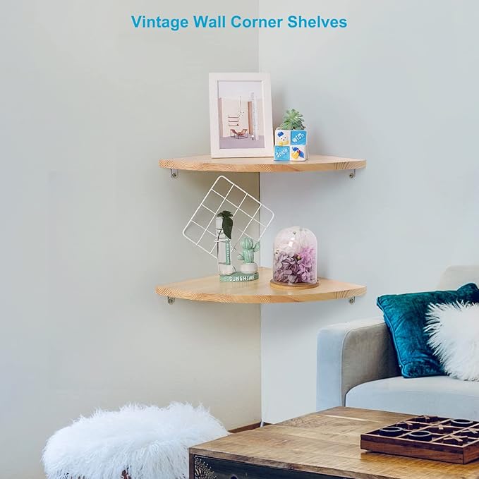 10 inch Corner Shelf, Solid Wood Corner Floating Shelves for Wall, Round End Wall Mounted Floating Shelf for Bedroom, Living Room and Kitchen (Burlywood-10 inch)-NeatNest
