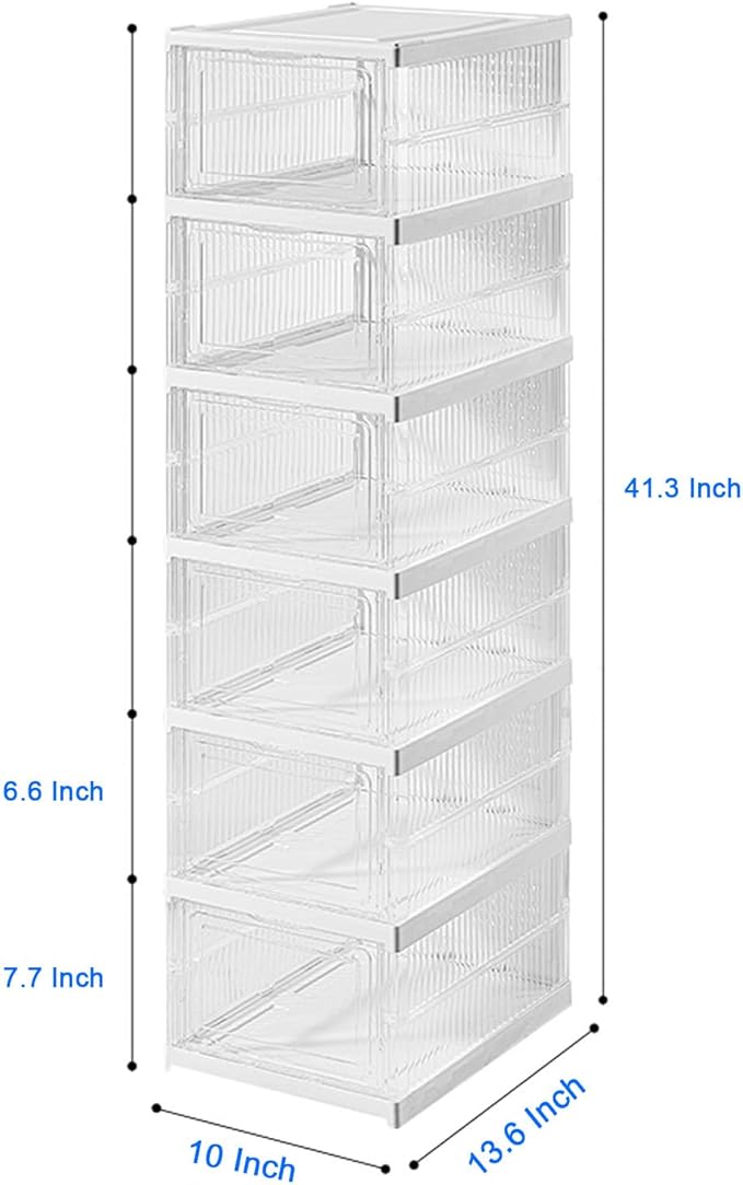 Foldable Shoe Rack Collapsible Storage Box Size up to 14, Stackable Plastic Bins Tote with Lids Organizing Installation Free Clear Dustproof 6-Tiers-NeatNest