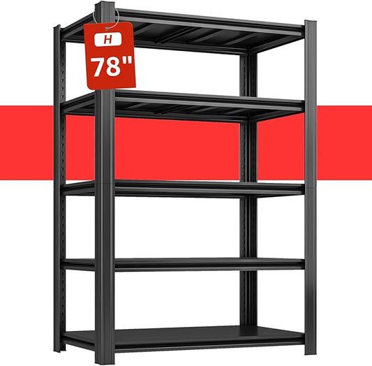 78" H Metal Garage Storage Shelves, 5 Tier Adjustable Shelving Unit for Warehouse, Office, Kitchen, Flower Stand, Living Room, Laundry Room, 47.24" W x 23.62" D, Load 2500 LBS, Black