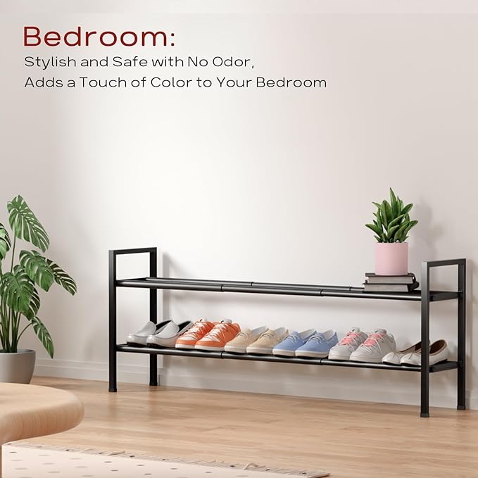 Bumusty 2-Tier Long Expandable Shoe Rack for Closet, 18"-44" Adjustable Shoe Rack for Entryway, 10-12 Pairs Large Shoe Organizer Shelf Storage, Sturdy Metal, Black-NeatNest