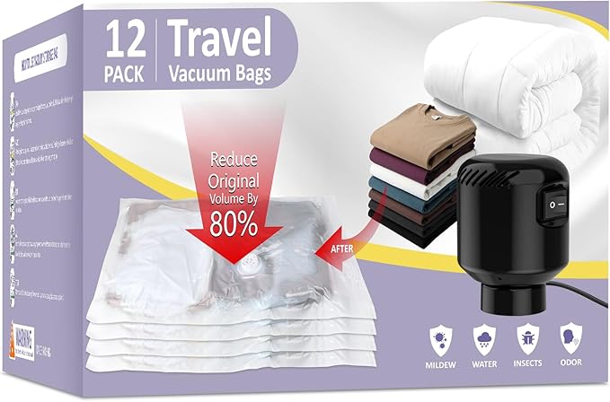 12 Pack Vacuum Storage Bags, Space Saver Bags, Compression for Comforters and Blankets, Plush Toy, Sealer Clothes Storage (3 Jumbo/3 Large/3 Medium/3 Small) Electric Vacuum Pump Included-NeatNest
