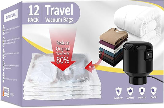 12 Pack Vacuum Storage Bags, Space Saver Bags, Compression for Comforters and Blankets, Plush Toy, Sealer Clothes Storage (3 Jumbo/3 Large/3 Medium/3 Small) Electric Vacuum Pump Included-NeatNest