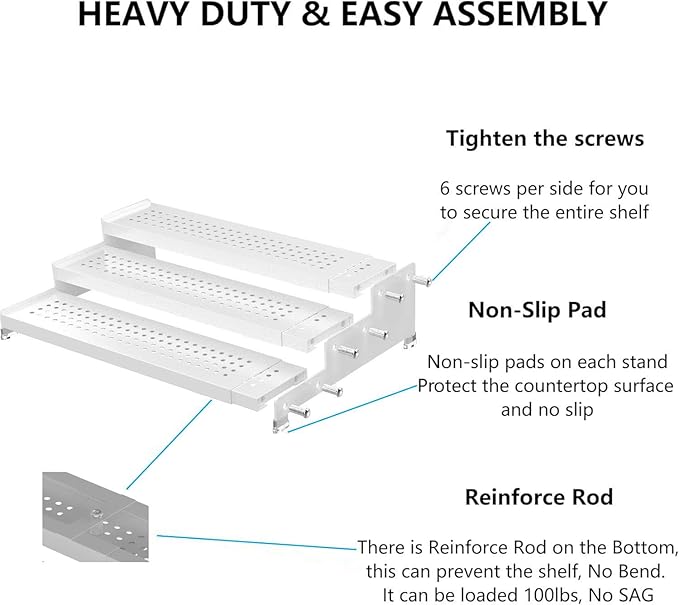 Expandable Spice Rack organizer with 3-Tier step shelf,Modern Design heavy duty,Non Skid and Visibility ,Great for Kitchen Cabinet,Bathroom,dressing table,Cupboard, Pantry and more(2PACKS/WHITE)-NeatNest
