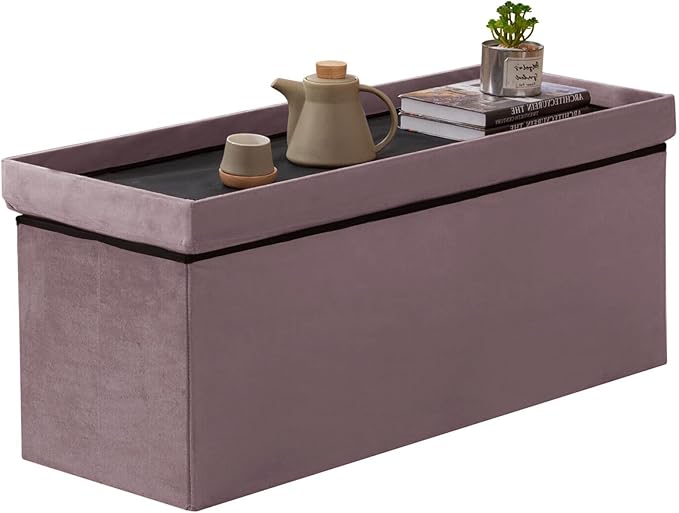 BRIAN & DANY 43 Inches Folding Storage Ottoman Bench, Velvet Ottoman with Storage for Living Room, Long Shoes Bench,Flannelette Footrest Benches Seat (Light Purple)-NeatNest