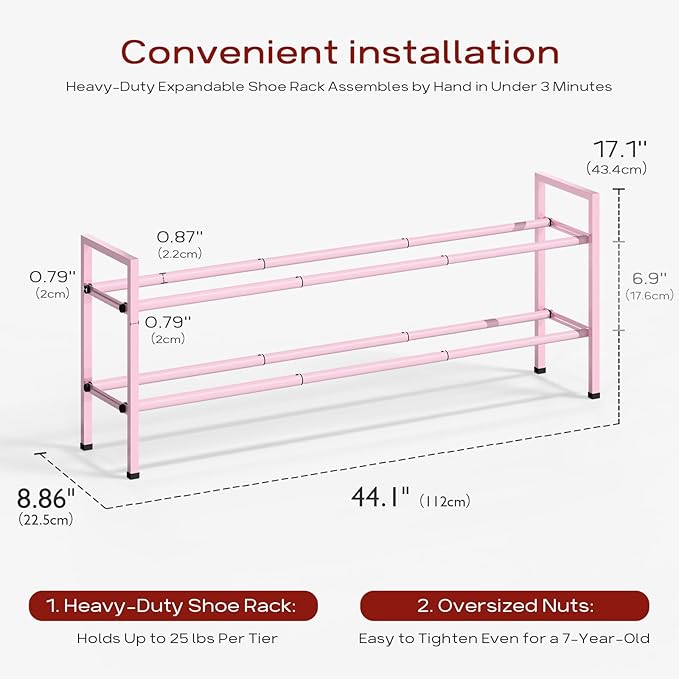 Bumusty 2-Tier Long Expandable Shoe Rack for Closet, 18"-44" Adjustable Shoe Rack for Entryway, 10-12 Pairs Large Shoe Organizer Shelf Storage, Sturdy Metal, Pink-NeatNest