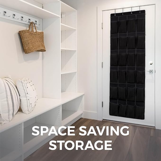 HOME GENIE Over the Door Hanging Shoe Organizer, 24 Breathable Mesh Pockets, Closet Rack Storage Holder, Stay in Place Hooks Hang on Closets, Hanger Holds Up to 40 lbs for Shoes, Accessories, Black-NeatNest