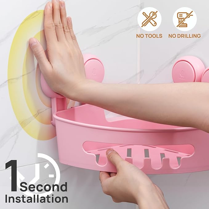 LEVERLOC Corner Shower Caddy Suction Cup, Shower Caddy Basket Powerful Suction Bathroom, Waterproof & Rustproof Organizer for Bathroom Storage, No-Drilling Removable (Pink)