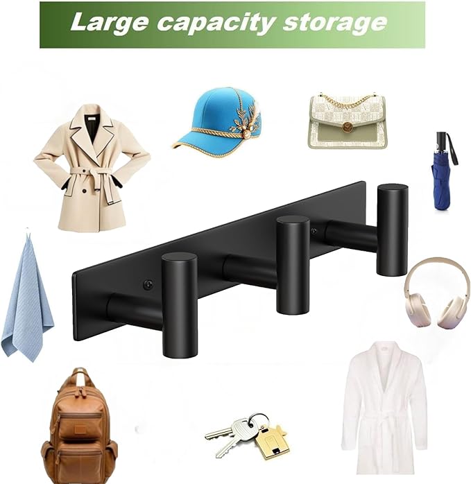 Wall Mounted Coat Rack-3 Hooks, Heavy Duty Stainless Steel Hook Rail for Towel Coat Hat Purse Bag Jacket, Towel Hooks for Entryway Bathroom Kitchen (Black 3 Hooks - 1 Pack)-NeatNest