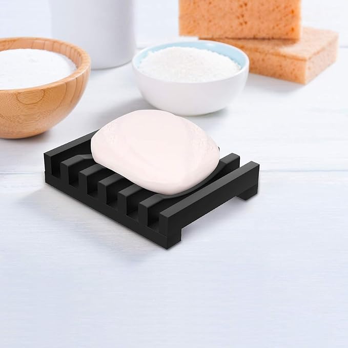 2Pcs Soap Dish Holder, Non-Slip Bathroom Accessories Silicone Soap Case Saver, Sink Deck Bathtub Shower Dish Soap Drainer, Silicone Holder for Soap, Sponges, Scrubber (Black)-NeatNest