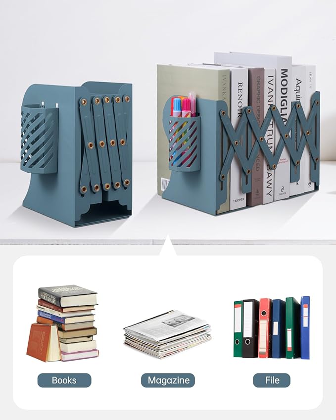 Honagu Adjustable Bookends, Metal Book Ends for Shelves Heavy Book, Desk Magazine File Organizer for Home, Office, Books, Papers, Extends up to 19 inches with Pen Holder (Blue)