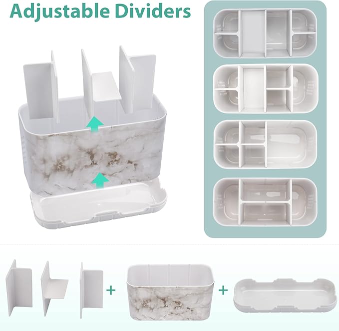 Boperzi Electric Toothbrush Holder for Bathroom Organizer Countertop, Detachable Anti-Slip Toothpaste Storage Caddy 6 Slots White Marble with Drainage Holes for Makeup Brush Razor Stand-NeatNest