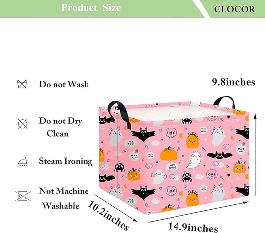CLOCOR Rectangular Storage Basket Empty,Gift Basket for Halloween,Waterproof Storage Bin with Handles,Room Decor(Pink Ghost)-NeatNest