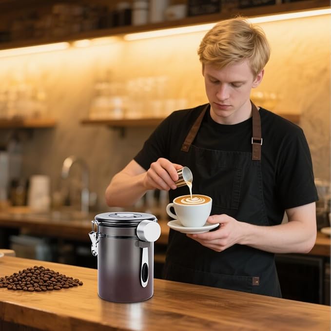 Coffee Canister Airtight Storage Container Stainless Steel Coffee Jar with Scoop,Date Tracker CO2 Release Valve for Dry Food Beans Ground Tea Flour Cereal and Sugar (1.8L Grey-Brown With Spoon(2pcs))-NeatNest