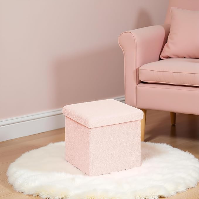 Folding Storage Ottoman Cube - Small Footrest with Sherpa Top, Multi-Functional Storage for Bedroom, Living Room-Pink