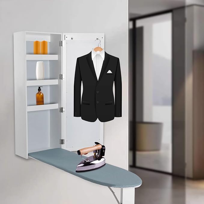 Wall-Mounted Ironing Board Cabinet, Ironing Board Holder with Mirror, Hidden Ironing Board, Ironing Board with Support Leg, Suitable for Home, Apartment