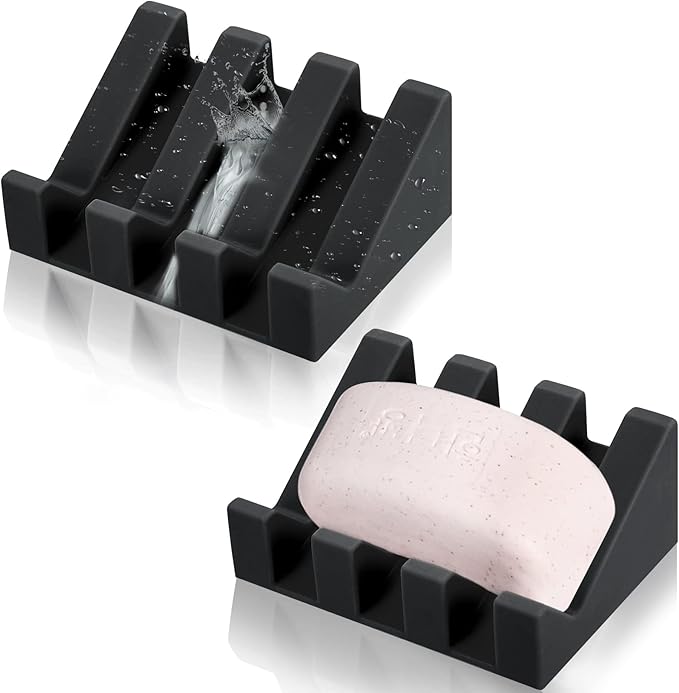 Cunhill 2 Pieces Silicone Soap Dish Self Draining Soap Dish Shower Waterfall Bar Soap Holder Tray with Drain Soap Saver for Kitchen Bathroom Accessories (Black)-NeatNest