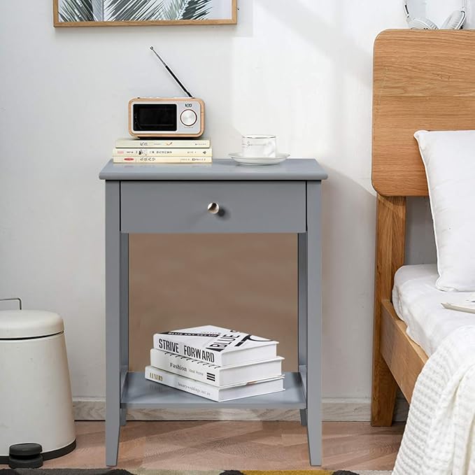 Giantex Nightstand Wooden 2-Tier Couch Sofa Side Table with Drawer, Storage Shelf, Solid Wood Legs,Mufti-Functional Home Furniture for Living Room Bedroom Study Room End Table (2, Gray)