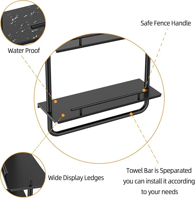 Floating Shelves, 2 Tier Wall Mounted Metal Floating Shelves Black with Frame and Towel Rack for Bathroom, Living Room, Bedroom, Kitchen