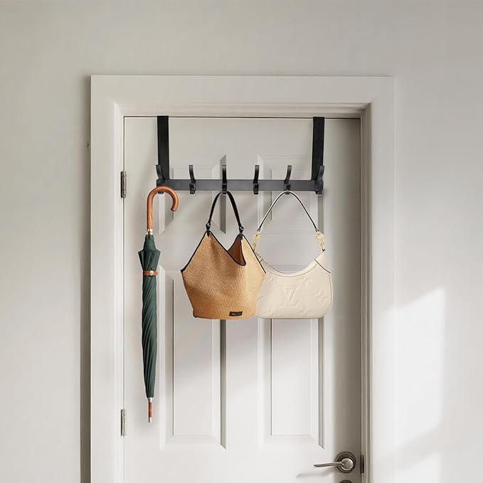 2 Pack Over The Door Hook，Door Hanger for Hanging，Over Door Hanger Holder for Coat Robe Hat Clothe Towels，Towel Racks for Bathroom with 12 Coat Hooks (Black, 2 Pack-6 Hooks)