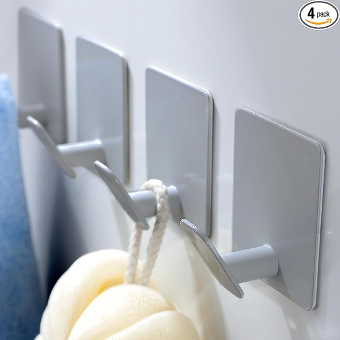 DELITON Stick On Wall Hooks 4 Packs, Towel Hanger for Bathroom Kitchen, No Damage, Stainless Steel, Heavy Duty, Light Gray-NeatNest