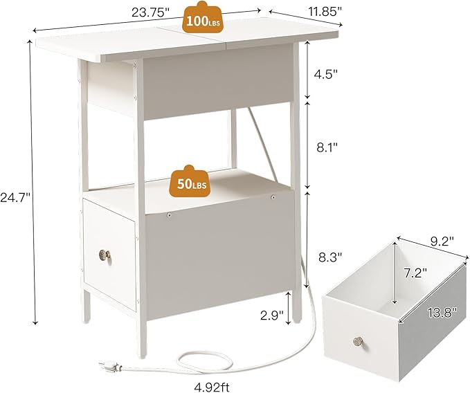 SOOWERY End Table with Charging Station, Narrow Side Table with Flip Top Cabinet and Fabric Drawer, Nightstand Bedside Tables for Small Spaces, Bedroom, Living Room, White