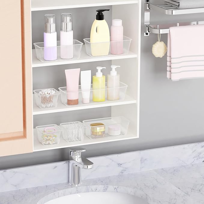 12 PCS Plastic Drawer Organizer Set, Sturdy 3-Size Makeup Vanity Desk Drawer Organizer Trays and Storage Bins for Cosmetics, Junk and Gadgets – Ideal for Bathroom, Bedroom, Office and Kitchen-NeatNest