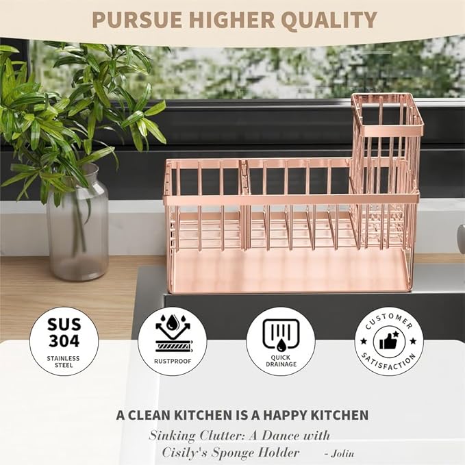 Cisily Sink Caddy Organzier with High Brush Holder, Sponge Holder for Sink, 304 Rustproof Stainless, Kitchen Countertop Soap Dispenser Organizer, Rose Gold Kitchen Decor and Accessories-NeatNest